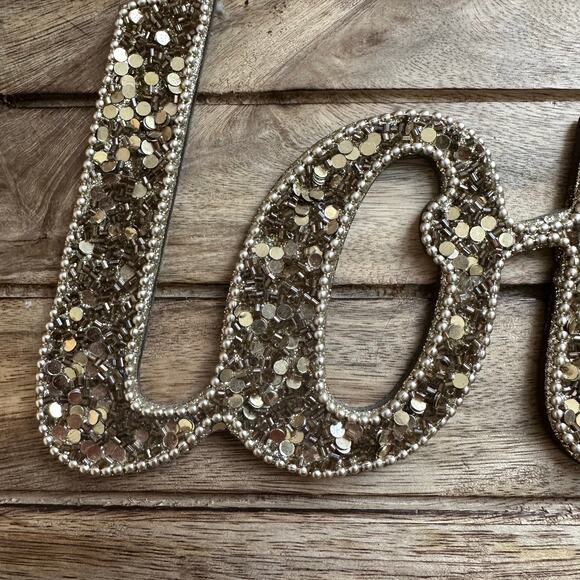 Wood Wall Decor Plaque "Love Saying" in Gold Sequins Cottage Girlie Home Office - Picture 2 of 6